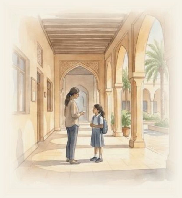 A teacher and pupil talking in a school corridor — the conversations Lumii routes to a trained adult